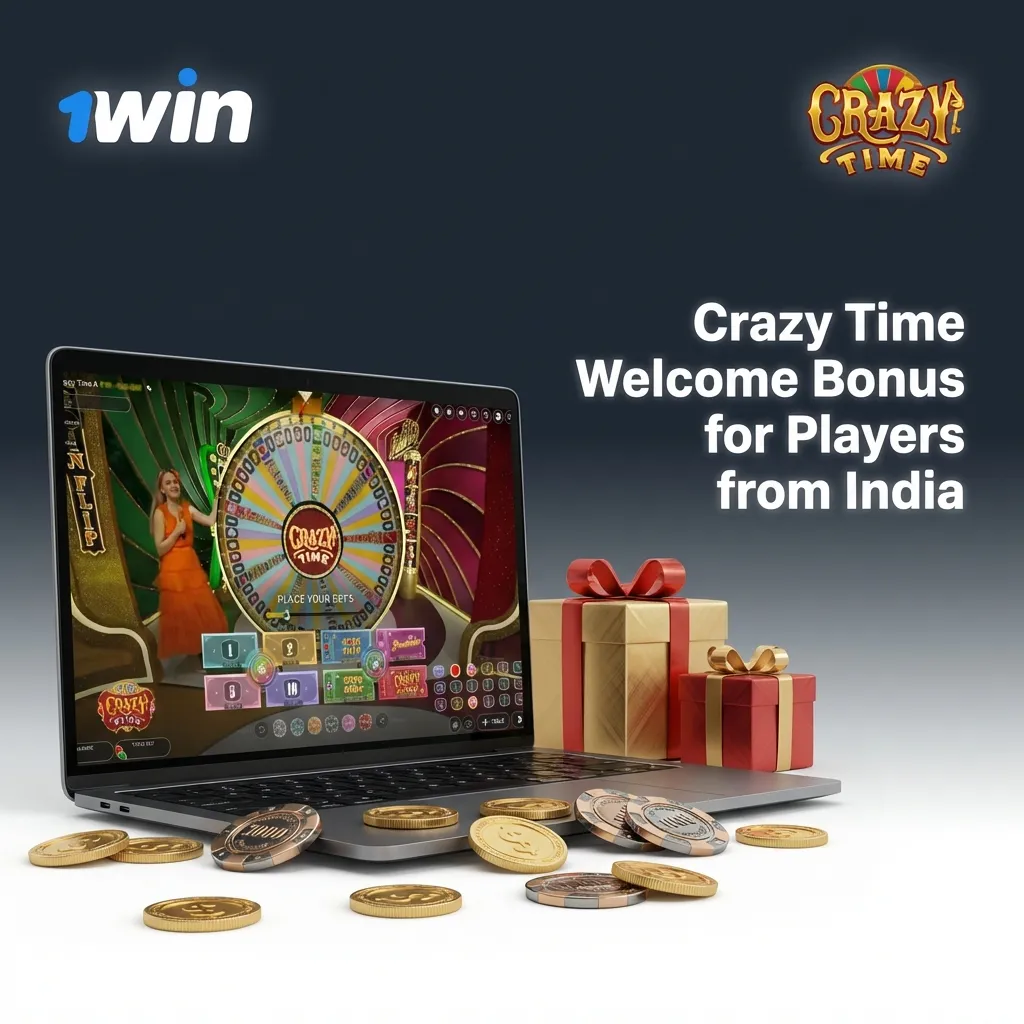 Indian players at 1win casino celebrating 500% welcome bonus for Crazy Time game with rupee symbols
