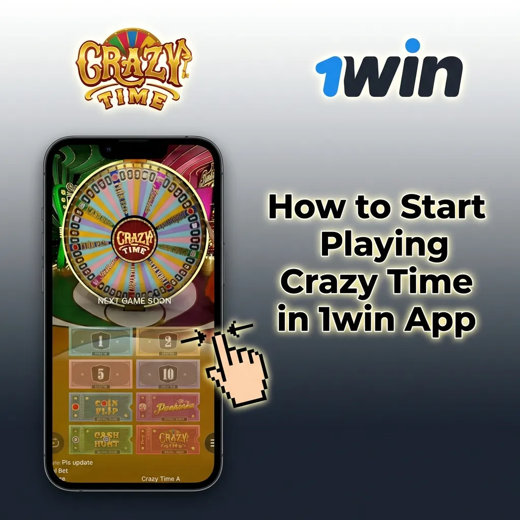 Step-by-step guide showing how to register and start playing Crazy Time game on 1win mobile app